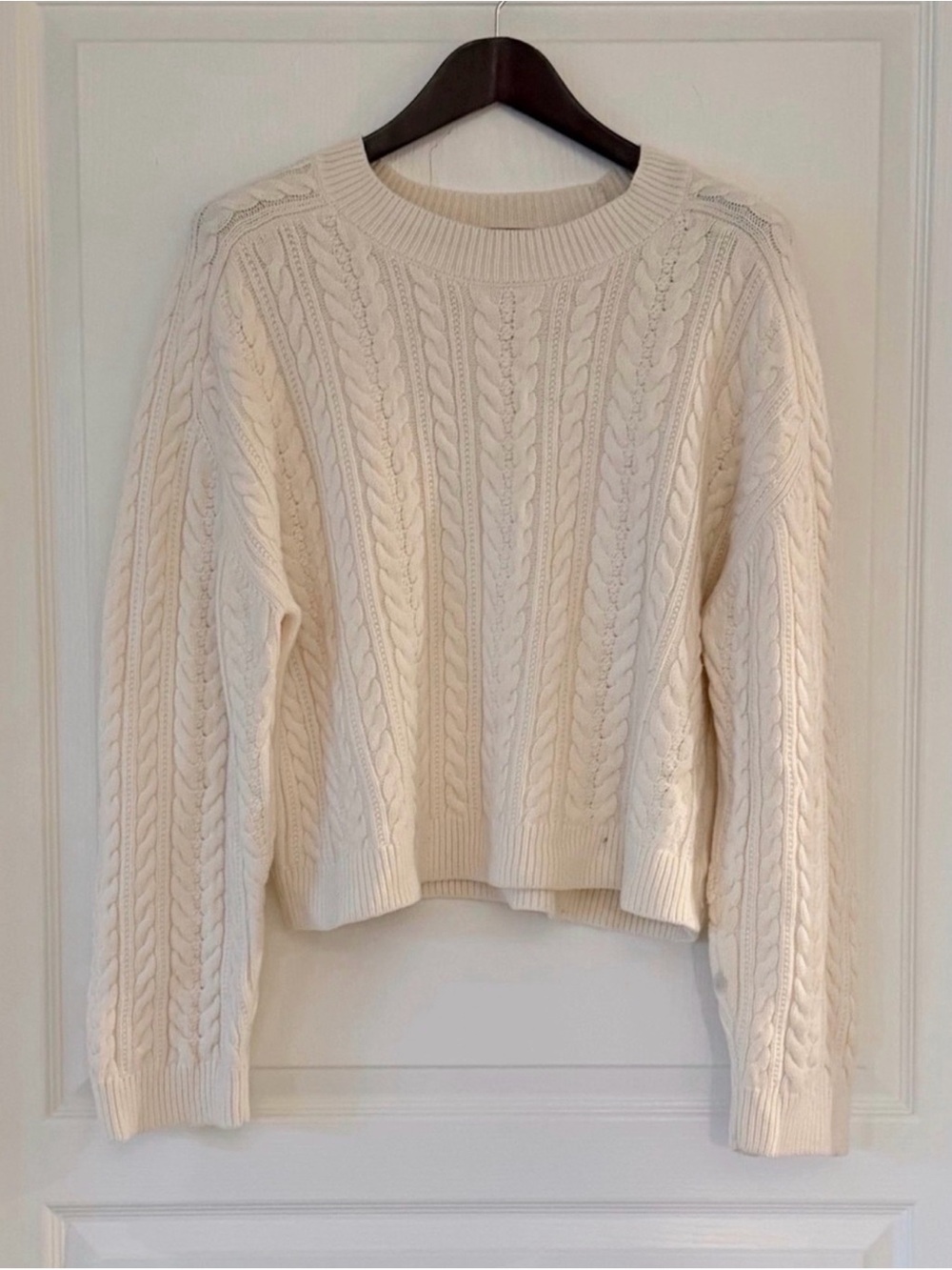 Babaton Cream Cable-Knit 109% Wool Crewneck Sweater